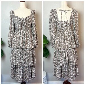 •JUST ME•ASOS Brown Floral Eyelet Tiered Long Sleeve Midi Dress Open Back Size M